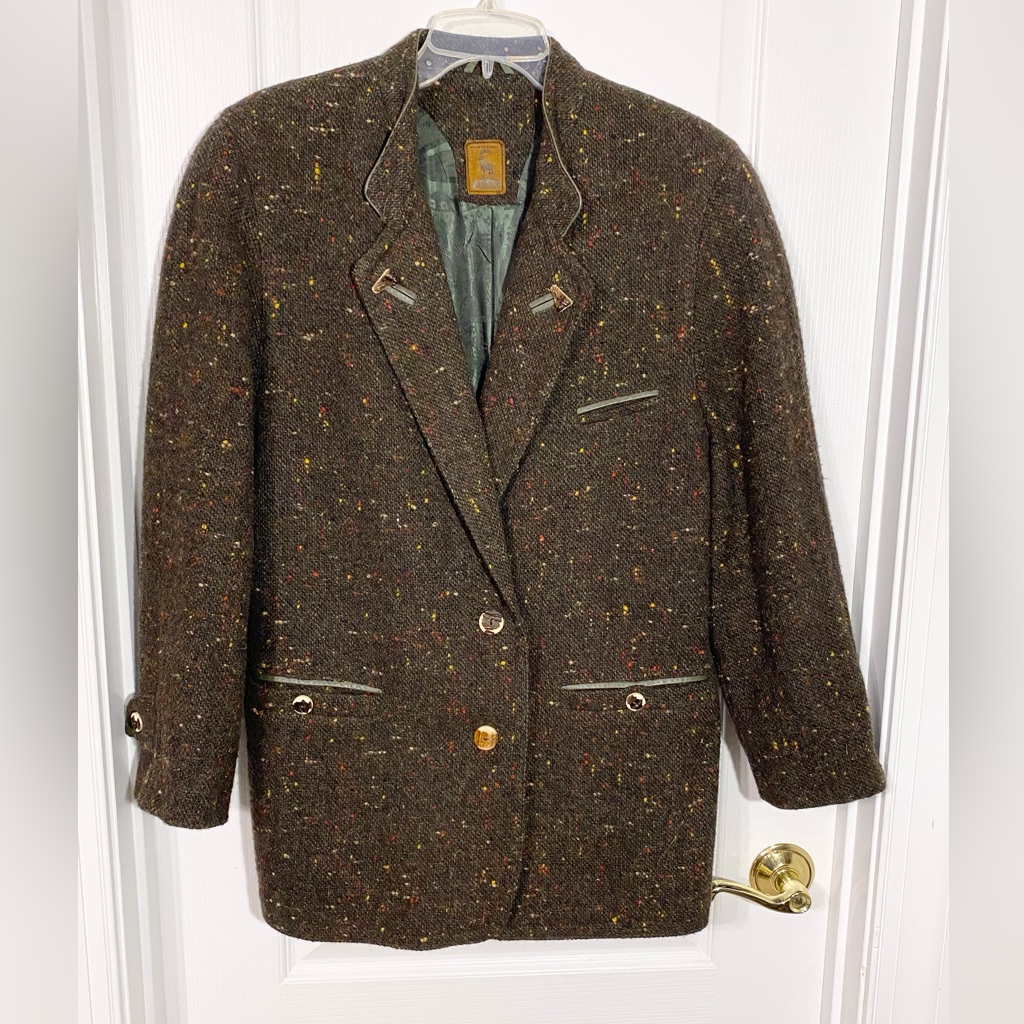 80s Steinbock Horn & Leather Accent Tweed Wool Blazer Jacket Tyrol Made Size 12